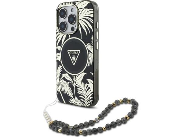Etui Guess Palm Trees Triangle Pearl Strap MagSafe do iPhone 16 Pro Max czarny