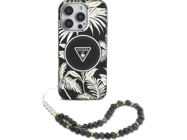 Etui Guess Palm Trees Triangle Pearl Strap MagSafe do iPhone 16 czarny