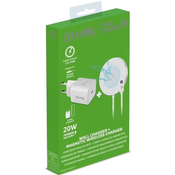 Celly Magnetisk Trådlos Laddare + Väggladdare MagChargeKit Vit