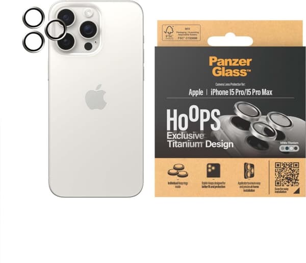 PanzerGlass Hoops kameralinsskydd, iPhone 15 Pro / 15 Pro Max, vit titan