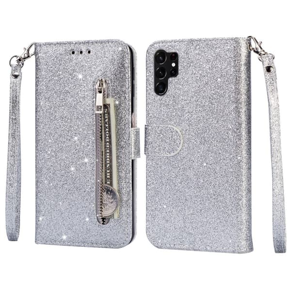 För Samsung Galaxy S25 Ultra Ställbart Glitterfodral med Dragkedjeficka - Silver