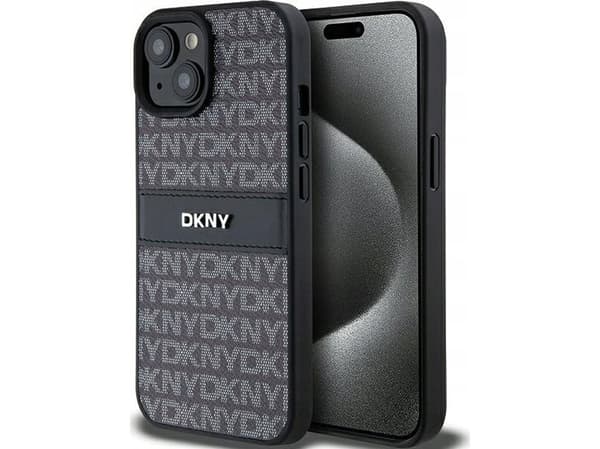 DKNY skinn monokrom stripete og metalllogodeksel for iPhone 15 Plus / 14 Plus - Svart