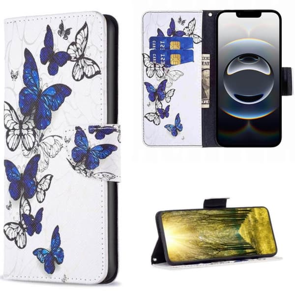 Plånboksfodral Apple iPhone 16e - Blåa och Vita Fjärilar