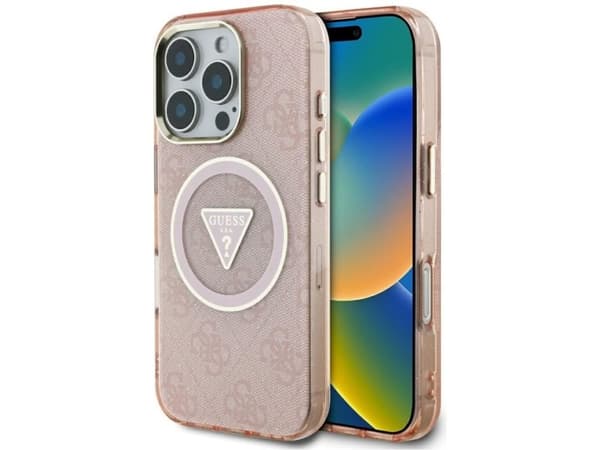 Guess IML Metal Glitter 4G Circle Triangle MagSafe dėklas, skirtas iPhone 16 Pro - Rožinė