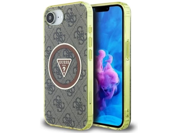 Guess IML Metal Glitter 4G Circle Triangle MagSafe - Etui do iPhone 16e (brązowy)