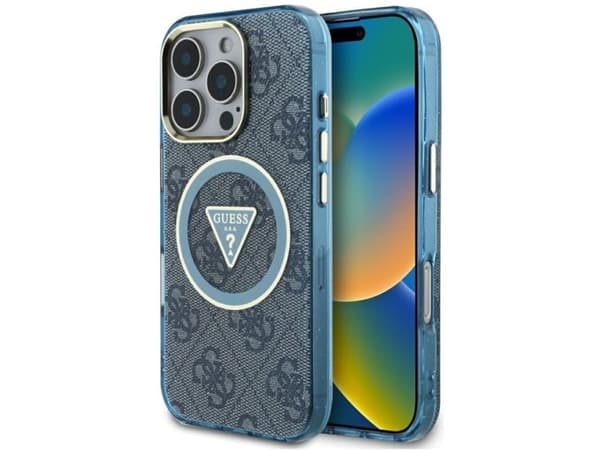 Guess IML Metal Glitter 4G Circle Triangle MagSafe dėklas, skirtas iPhone 16 Pro - Mėlyna