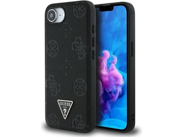 GUESS tapauksessa IPHONE 16e (SE 4 2025), yhteensopiva MagSafe GUHMPSE4PGBTMK (rakeinen PU Hot Stamp Peony Triangle Logo) musta