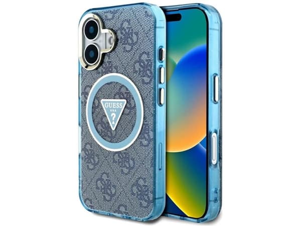 Guess IML Metal Glitter 4G Circle Triangle MagSafe - Etui do iPhone 16 (niebieski)