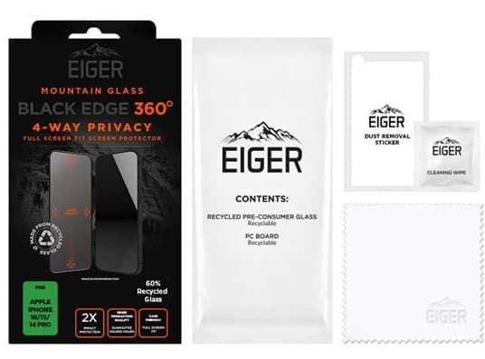 EIGER EGMSP00272, Apple, iPhone 16/15/14 Pro, Fallsikker, Støtbestandig, Ripebestandig, Sjokkresistent, Sort, Gjennomsiktig, 1 stykker
