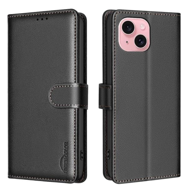 iPhone 15 - Magnetiskt Plånboksfodral i Premiumläder Svart