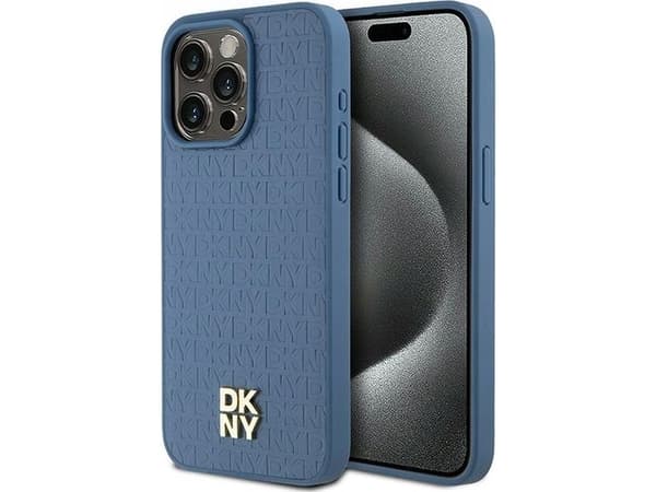 DKNY skinnmonogrammønster metalllogo MagSafe-deksel til iPhone 15 Pro Max - blå