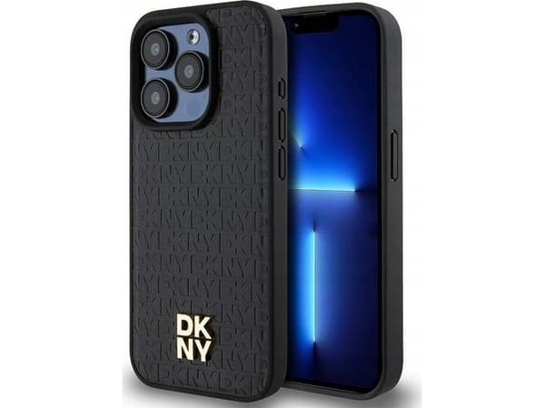 Apple iPhone 15 Pro DKNY odinis dėklas Pattern Monogram Metal Logo MagSafe (DKHMP15LPSHRPSK) juodos spalvos