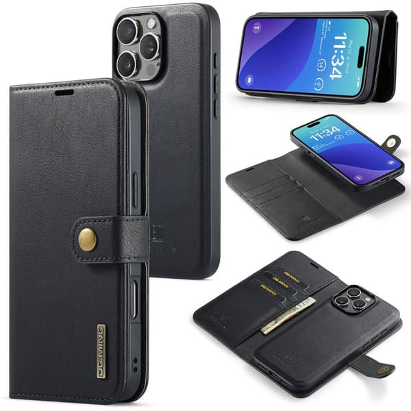 iPhone 14 Pro - Lyxigt läderfodral med Funktion & Elegans Svart
