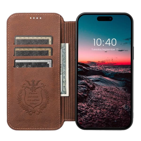 iPhone 15 PU-läderfodral med MagSafe & Plånbok från Leman Mörkbrun