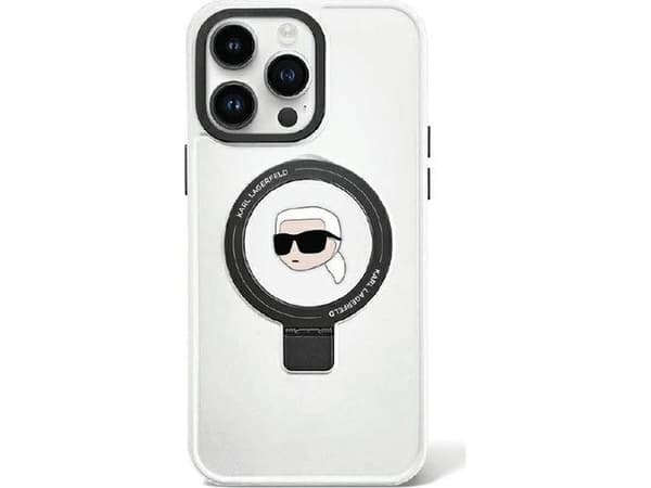 Apple iPhone 15 Pro Karl Lagerfeld dėklas Ring Stand Karl Head MagSafe (KLHMP15LHMRSKHH) baltos spalvos