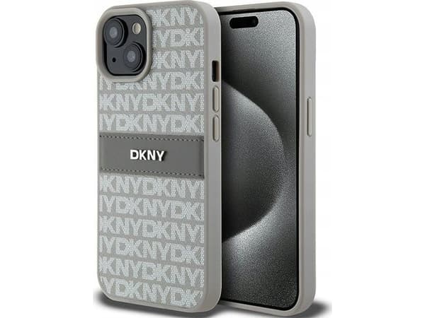DKNY Leather Mono Stripe & Metal Logo Deksel for iPhone 15 Plus / 14 Plus - Beige