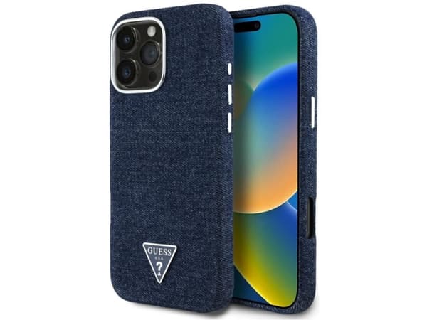 Etui Guess Denim Triangle Logo MagSafe do iPhone 16 Pro niebieski