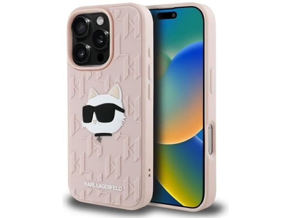 Deksel Karl Lagerfeld 3D gummimonogram og Choupette til iPhone 16 Pro Max rosa