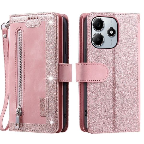 Til Xiaomi Redmi Note 14 4G Deksel med glidelås og 9 kortspor - RoseGold