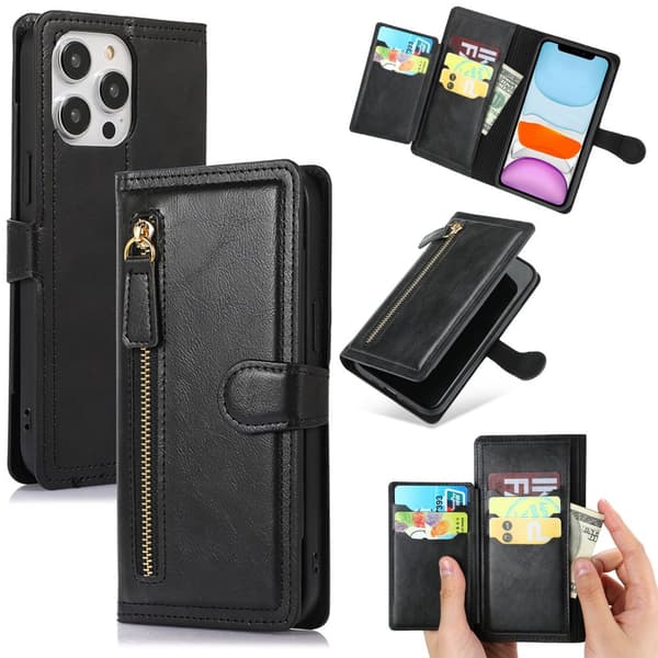 iPhone 13 Pro Max - Lyxigt Wallet Case med Zipper & Handledsrem Svart