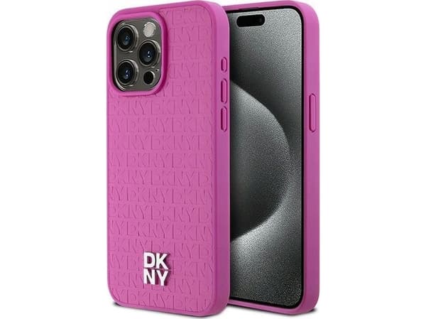 Apple iPhone 15 Pro Max DKNY skinndeksel med monogrammønster og metalllogo, MagSafe (DKHMP15XPSHRPSP) rosa