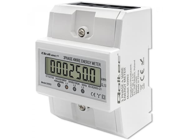 Qoltec trefase elektronisk måler | DIN-skinne energiforbruksmåler | 400V | 100A | LCD-skjerm | 4P