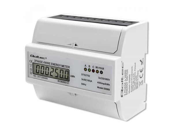 Qoltec Kolmivaiheinen kaksisuuntainen elektroninen mittari | DIN-kiskon energiankulutusmittari | 400V | 100A | LCD | 4P