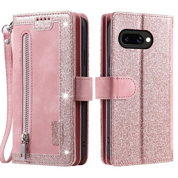 Til Google Pixel 9A Etui med Lynlåslomme og 9 Kortlommer – RoseGold