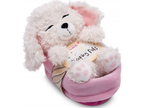 NICI NICI 49749 Maskot vit pudel 12cm sovande i korg, rosa GRÖN