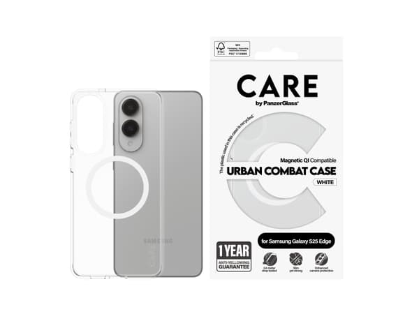 PanzerGlass CARE by ® Flagship Case Transparent Urban Combat m. Hvid Qi Compatible Samsung S25 Edge, Cover, Samsung, Samsung - Galaxy S25 Edge 5G, Tr