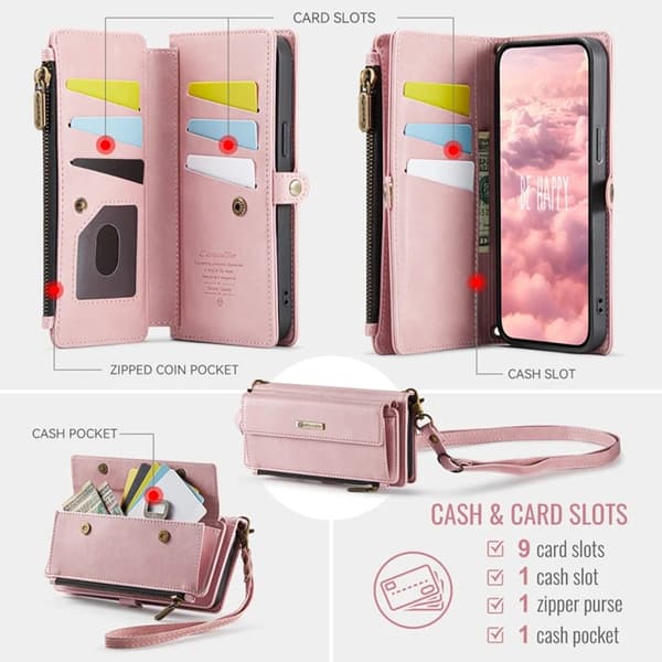 Caseme iPhone 15 Plus Plånboksfodral RFID Blocking Zipper - Rosa