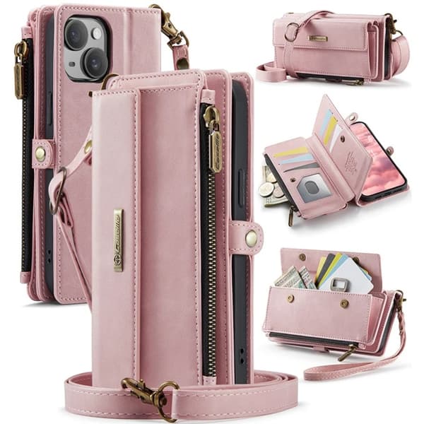 Caseme iPhone 15 Plus Plånboksfodral RFID Blocking Zipper - Rosa