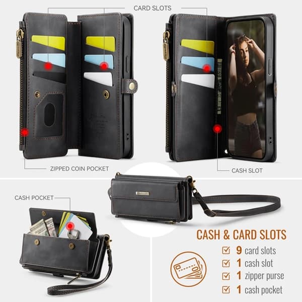 Caseme iPhone 15 Plus Plånboksfodral RFID Blocking Zipper - Svart