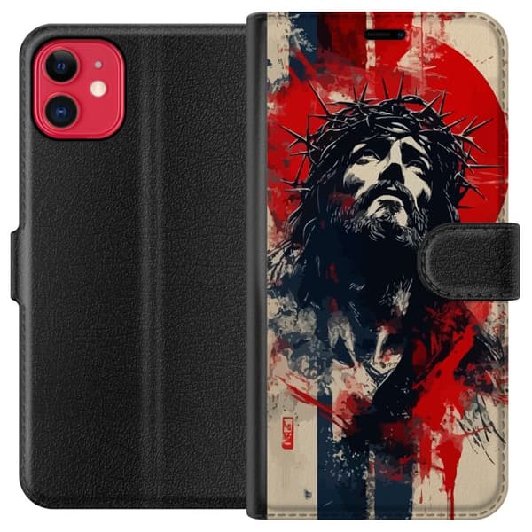 Apple iPhone 11 Lompakkokotelo Jeesus ristillä - kristillinen aihe vahvalla symboliikalla uskosta ja toivosta