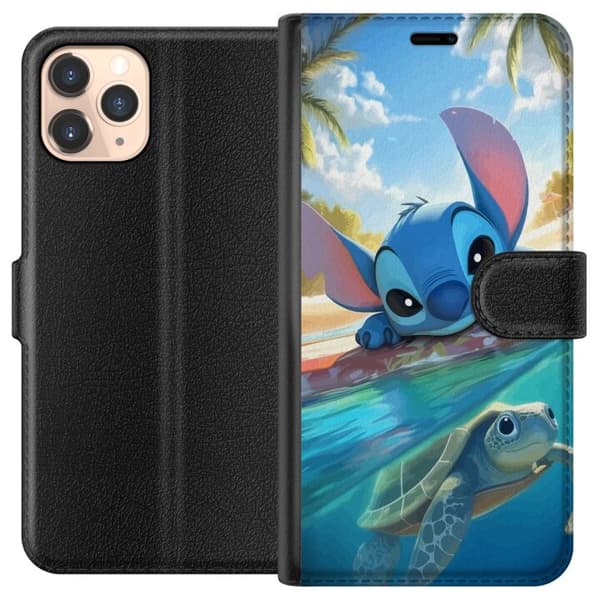Apple iPhone 11 Pro Tegnebogsetui Stitch med skildpadde - sød blå alien i tropisk strandmiljø fra Disney