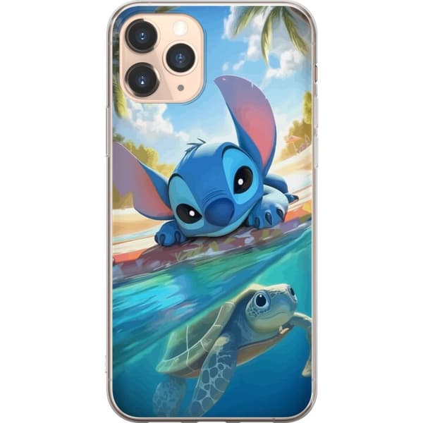 Apple iPhone 11 Pro Läpinäkyvä kuori Stitch kilpikonnalla - söpö sininen avaruusolento trooppisessa rantaympäristössä Disneyn tapaan