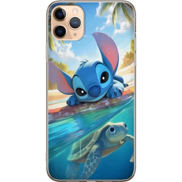 Apple iPhone 11 Pro Max Gennemsigtig cover Stitch med skildpadde - sød blå alien i tropisk strandmiljø fra Disney