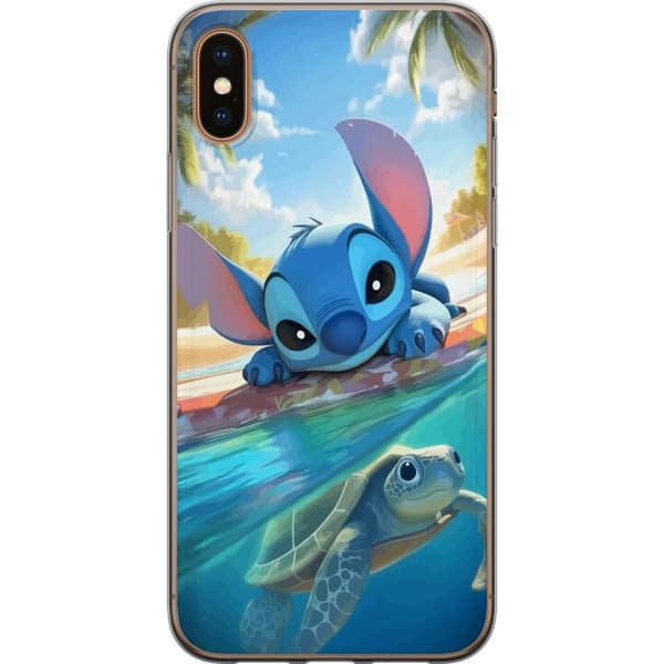 Apple iPhone XS Max Gennemsigtig cover Stitch med skildpadde - sød blå alien i tropisk strandmiljø fra Disney