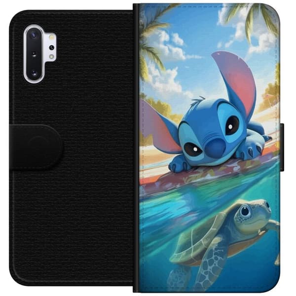 Samsung Galaxy Note10+ Tegnebogsetui Stitch med skildpadde - sød blå alien i tropisk strandmiljø fra Disney