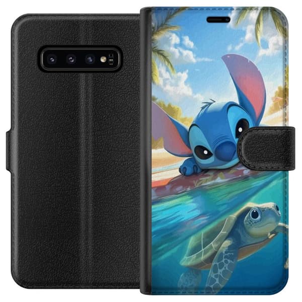 Samsung Galaxy S10 Lommeboketui Stitch med skilpadde - søt blå alien i tropisk strandmiljø fra Disney