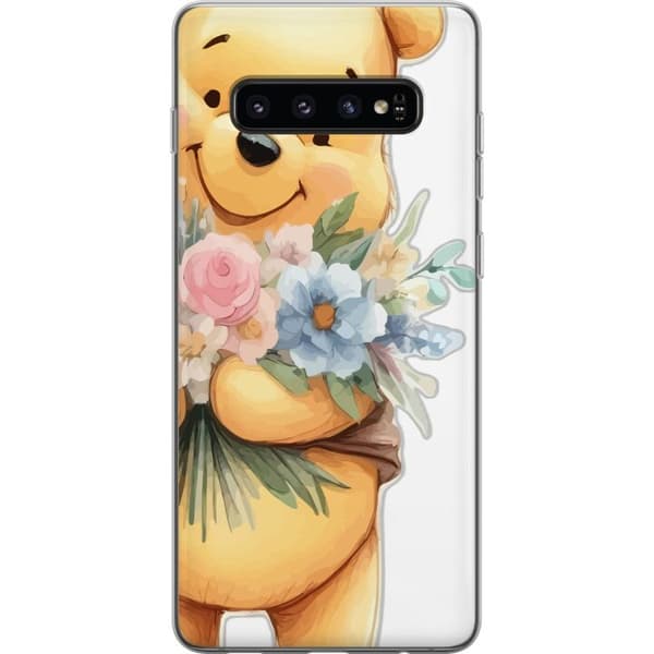 Samsung Galaxy S10 Gjennomsiktig deksel Nalle Puh med blomster - klassisk barnefavoritt i en blomstrende vår miljø
