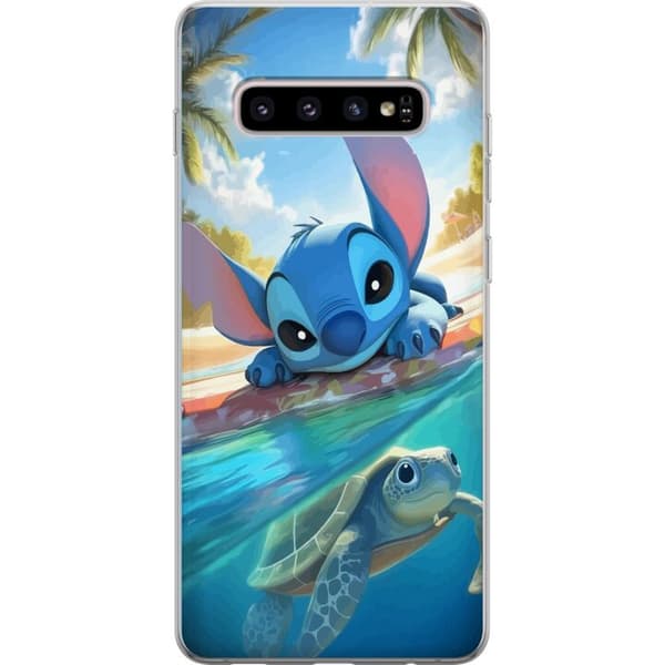 Samsung Galaxy S10+ Genomskinligt Skal Stitch med sköldpadda – söt blå alien i tropisk strandmiljö från Disney
