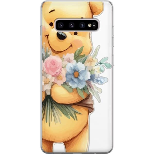 Samsung Galaxy S10+ Genomskinligt Skal Nalle Puh med blommor – klassisk barnfavorit i blommande vårmiljö
