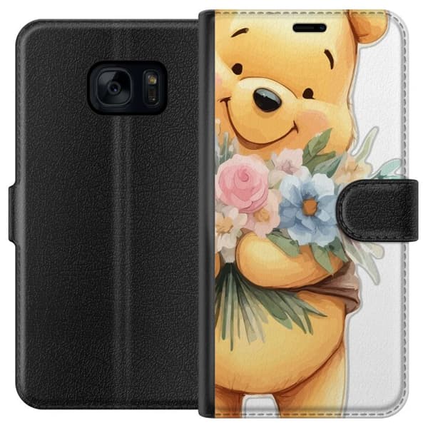 Samsung Galaxy S7 Tegnebogsetui Nalle Puh med blomster - klassisk børnefavorit i en blomstrende forårs miljø