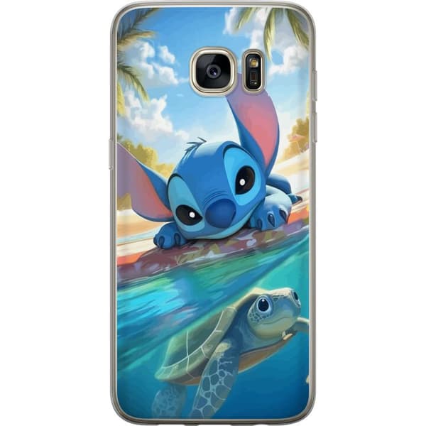 Samsung Galaxy S7 edge Gennemsigtig cover Stitch med skildpadde - sød blå alien i tropisk strandmiljø fra Disney