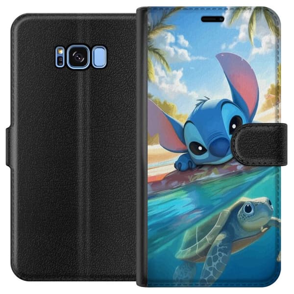 Samsung Galaxy S8 Tegnebogsetui Stitch med skildpadde - sød blå alien i tropisk strandmiljø fra Disney