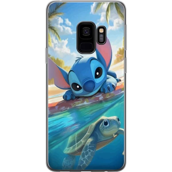 Samsung Galaxy S9 Gennemsigtig cover Stitch med skildpadde - sød blå alien i tropisk strandmiljø fra Disney