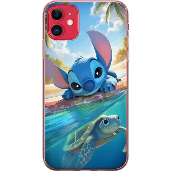 Apple iPhone 11 Läpinäkyvä kuori Stitch kilpikonnalla - söpö sininen avaruusolento trooppisessa rantaympäristössä Disneyn tapaan