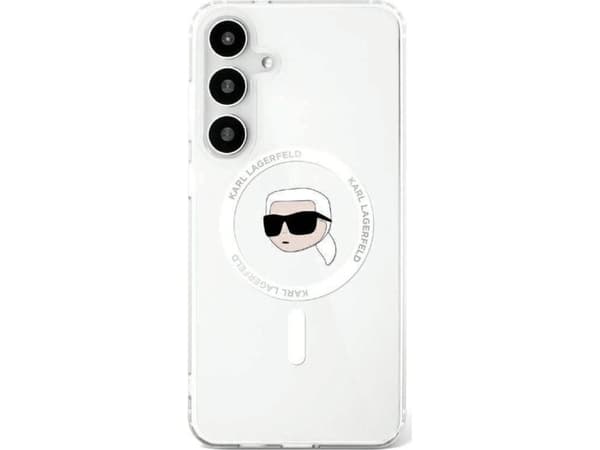 Karl Lagerfeld Button Karl Head Painettu Logo MagSafe tapauksessa Samsung Galaxy S25 valkoinen