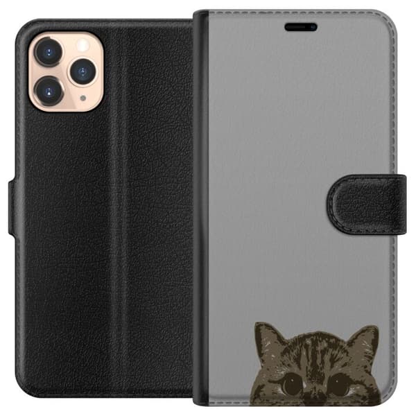 Apple iPhone 11 Pro Tegnebogsetui Grå Katteblik - stilfuld kat design med grå baggrund